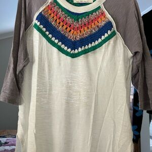 Free People Crocheted 3/4 sleeve raglan ivory